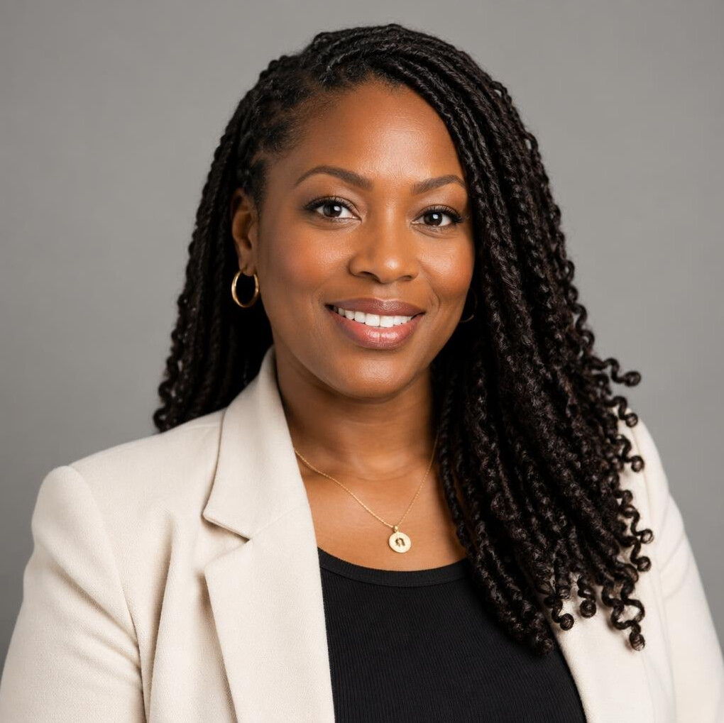 Studio portrait of a Black British woman in professional attire smiling