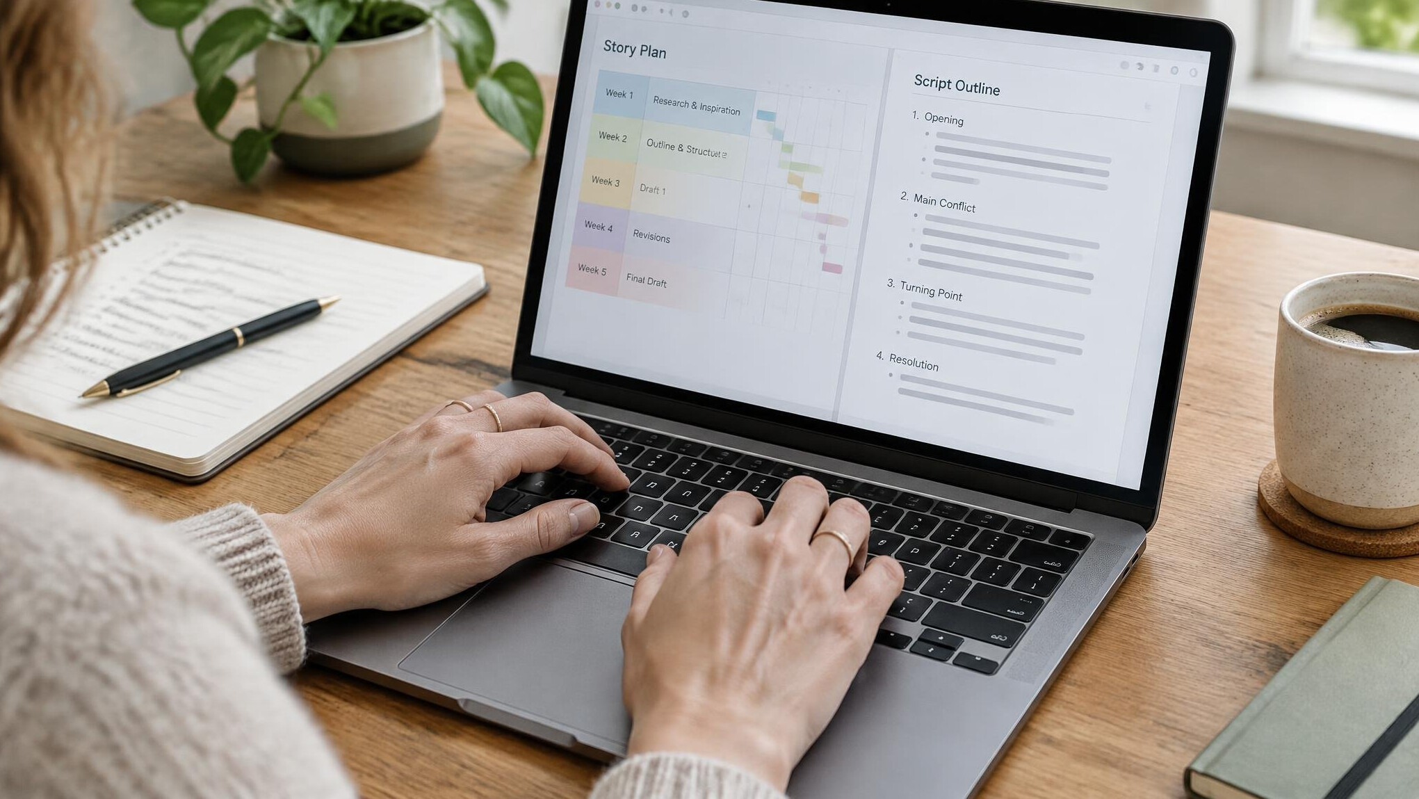 Hands typing on a laptop showing a story planning schedule