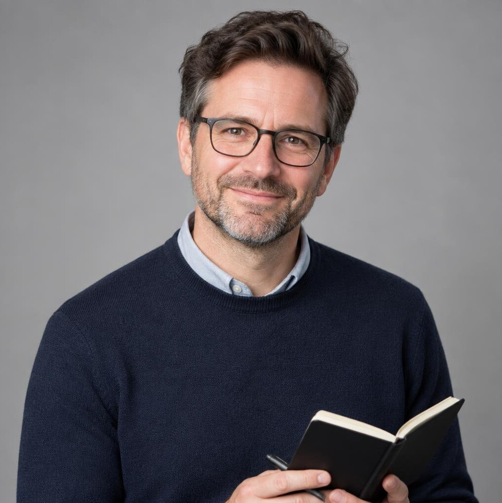Studio portrait of a white British man in glasses holding a notebook