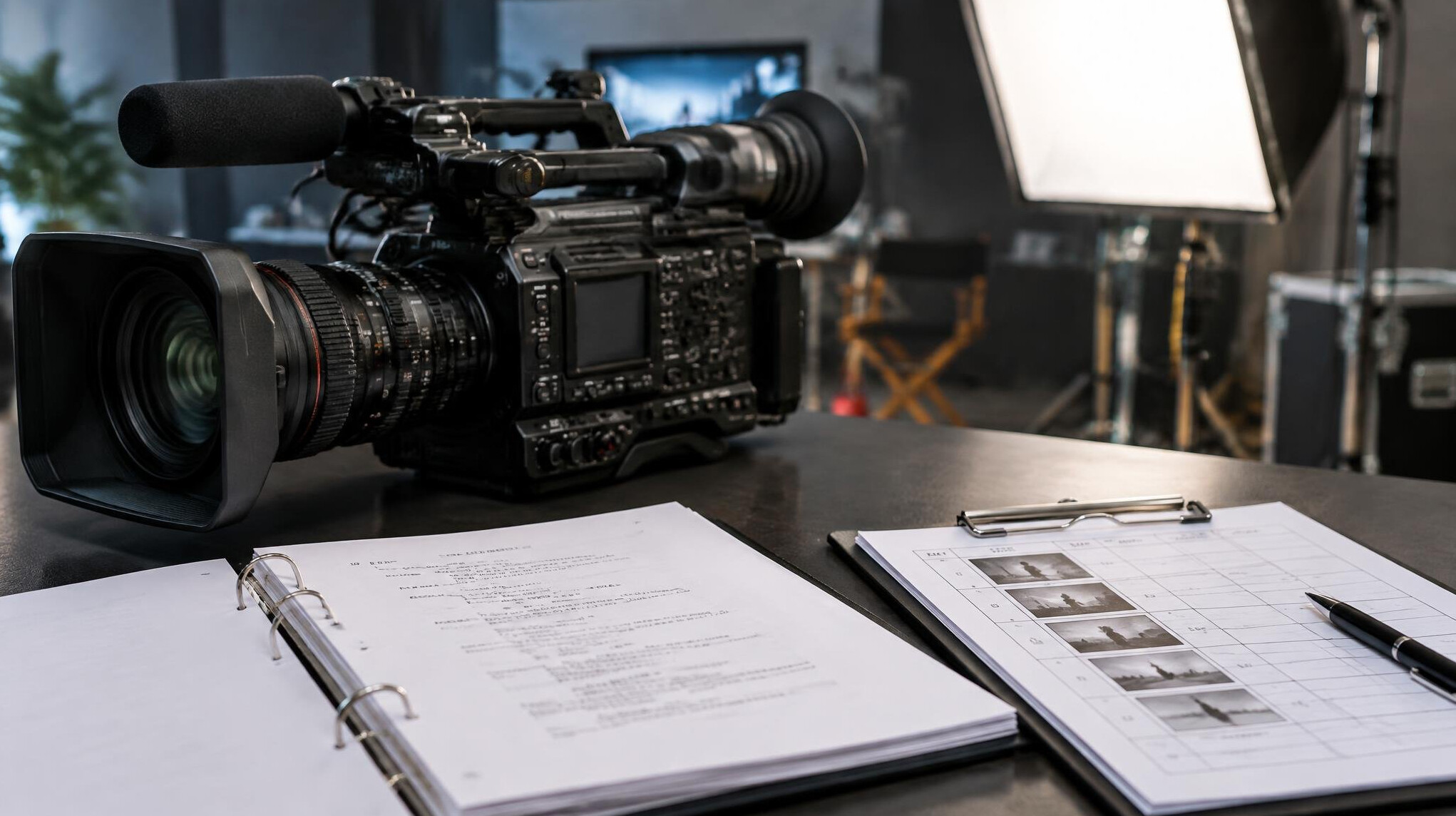 Professional video camera and script binder on a studio desk