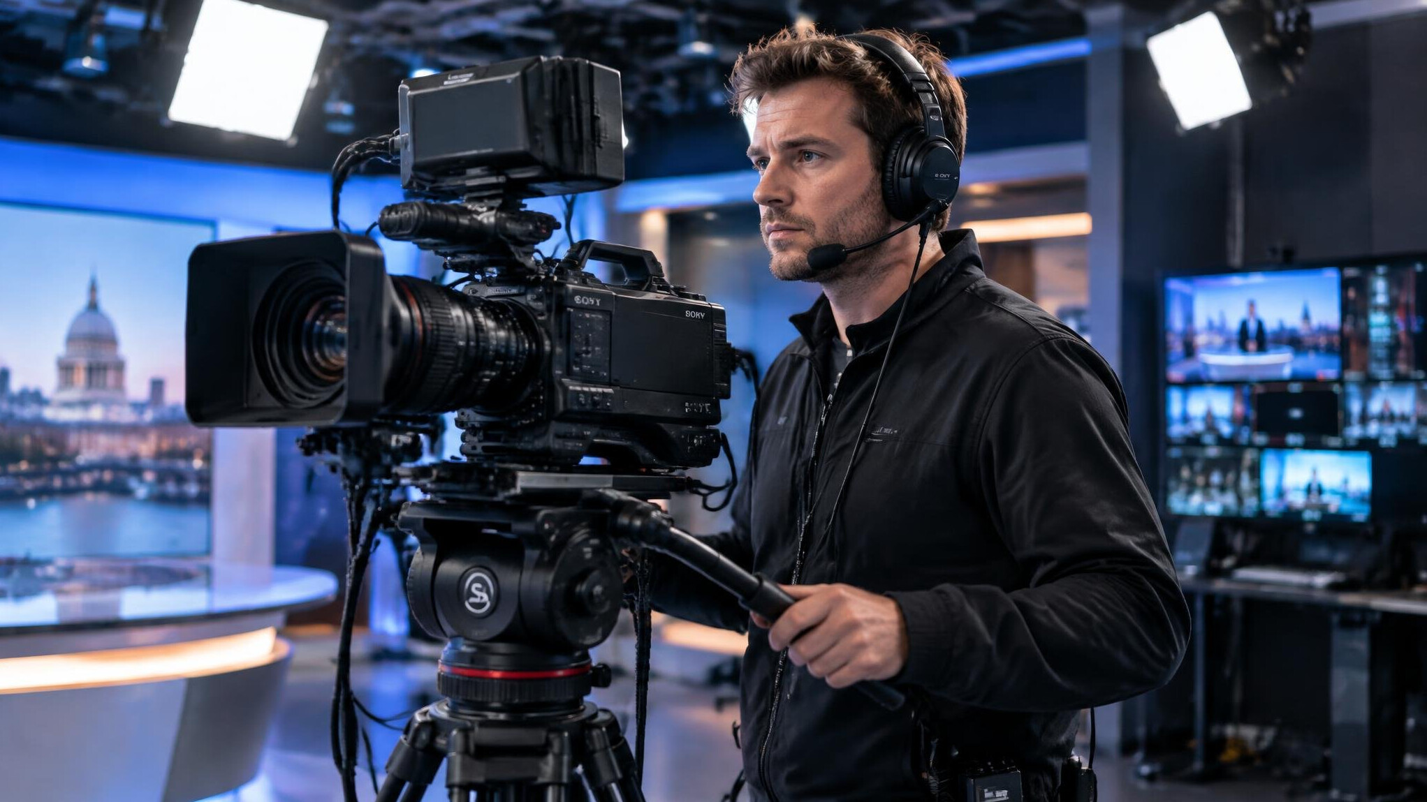 Camera operator filming a presenter inside a modern broadcast studio