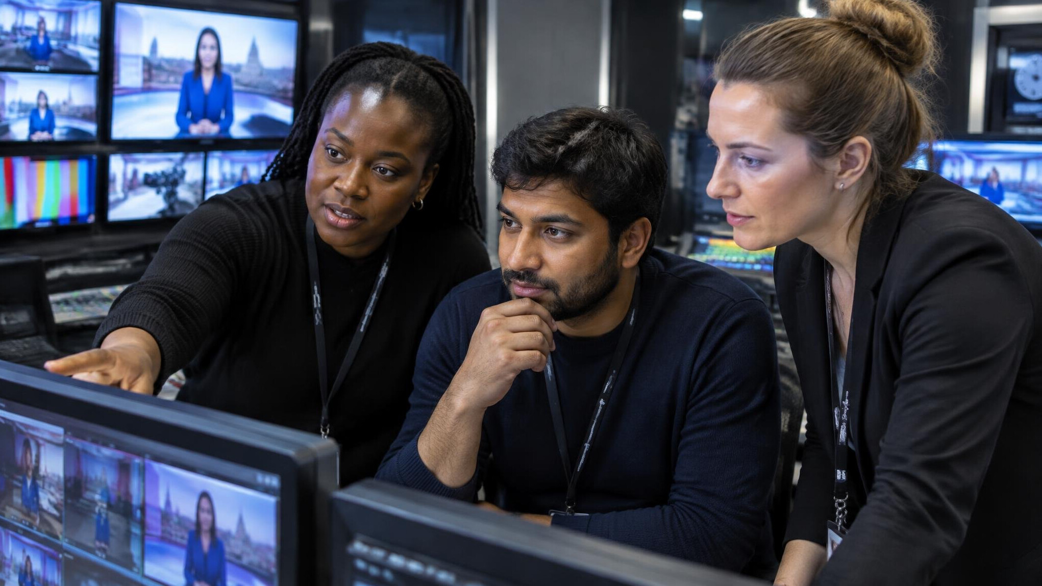 Production team reviewing studio report screens in a control room