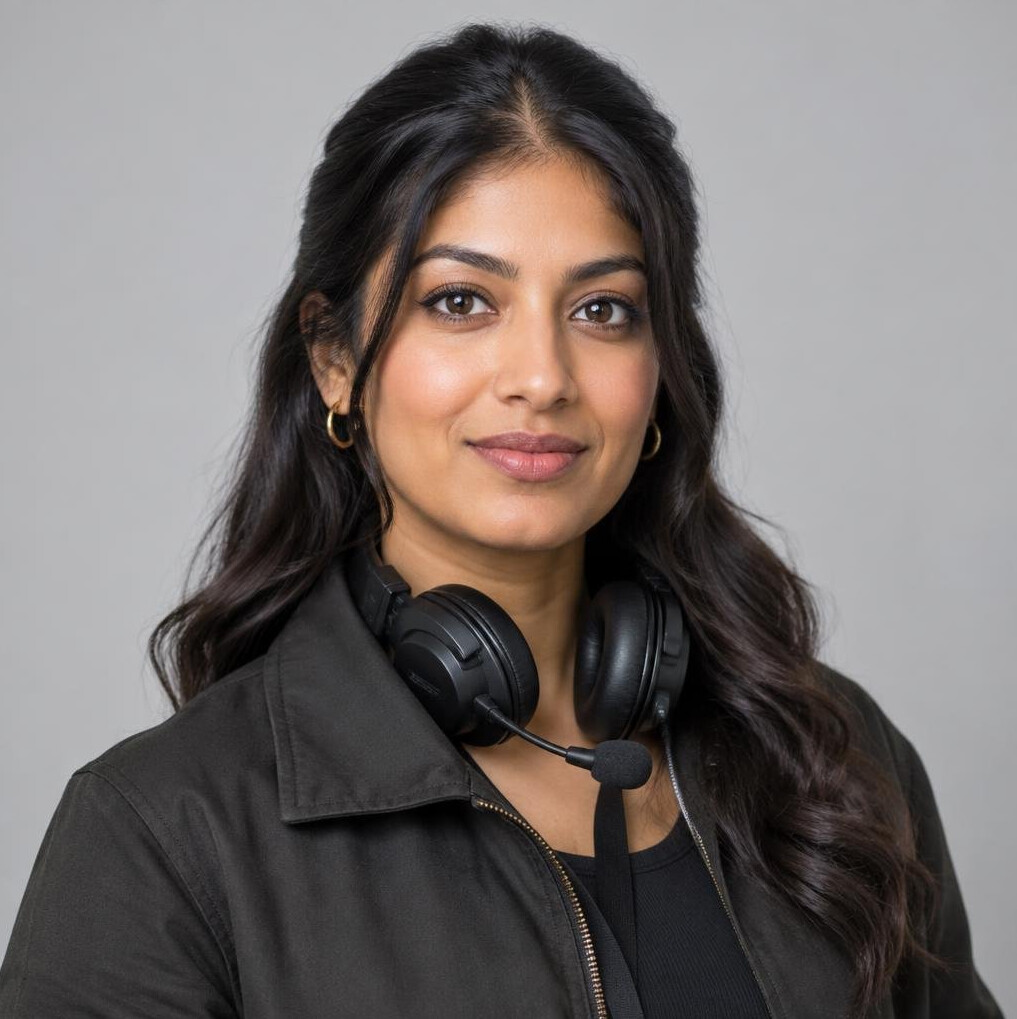 Studio portrait of a South Asian British woman wearing a headset